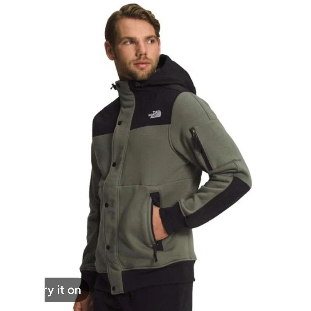The North Face Men's Highrail Fleece Jacket olive green Hooded Snap & Zip Med